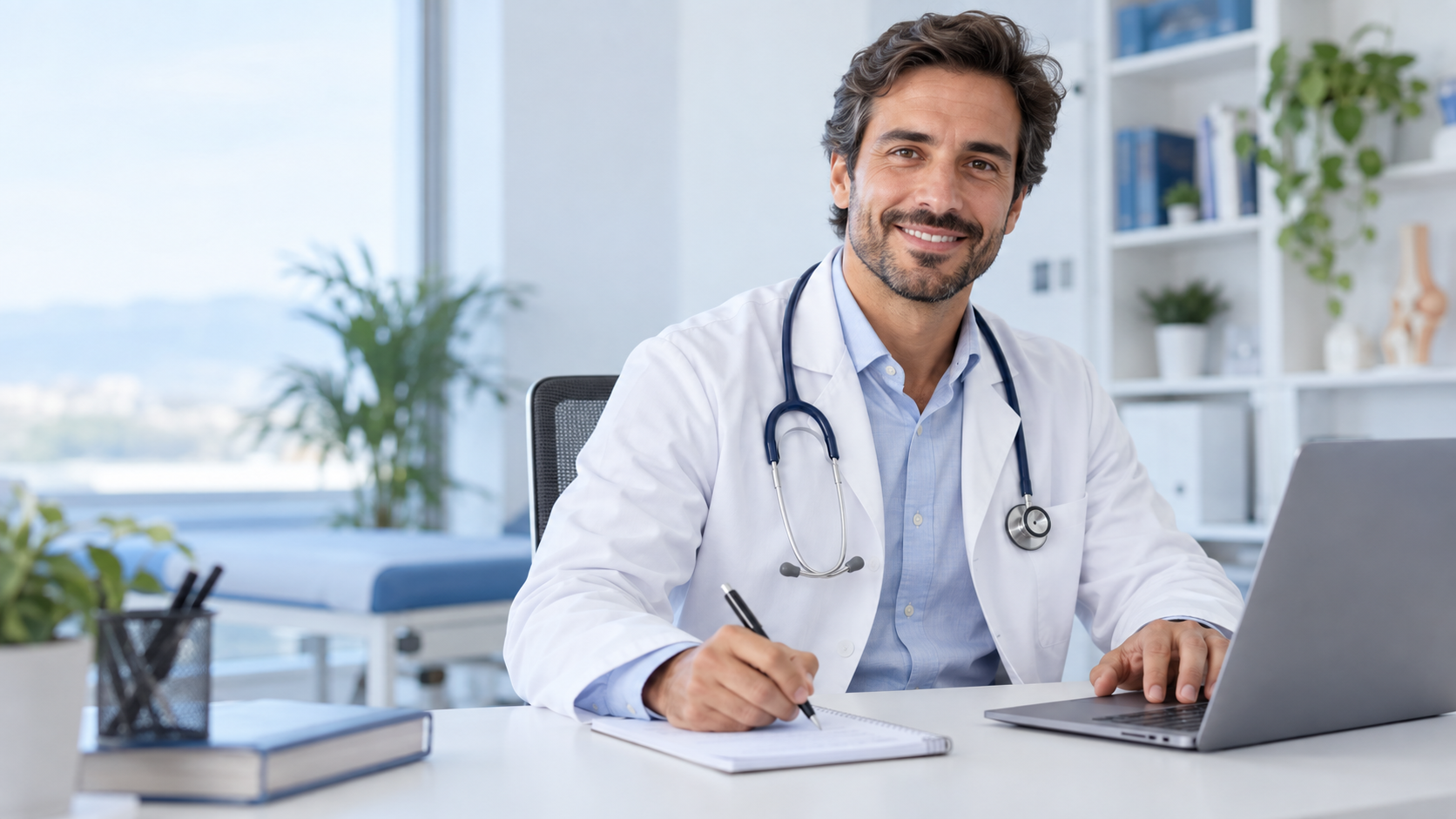 Médico disponível para consulta, com as mãos pousadas sobre a secretária